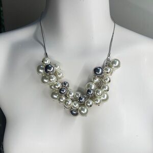 Vintage Chunky Faux Pearl Choker: Silver Tone Snake Chain Necklace 1990’s